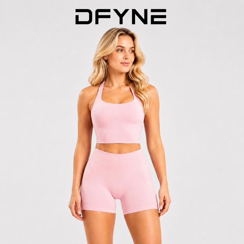 Women's 2-Piece Athleisure Sports Clothing Set - Sleeveless Halter Neck Seamless Croptop Bra, High-Stretch Quick Dry Compression Shorts, Elastic Chic Curve Design for Yoga, Biking (Black, Women in Sports, Female, Active Play, Gym OOTD)