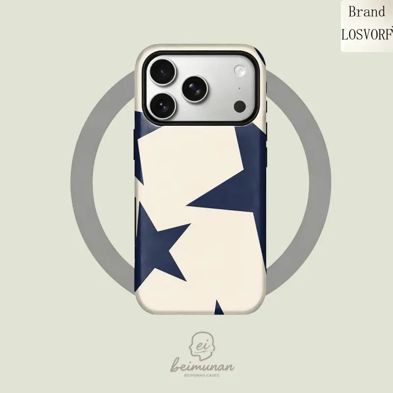Navy Blue Minimalist Star MagSafe Phone Case, 2-in-1 Shockproof Protective Cover, Trendy Simple Star Pattern Fits iPhone 17 16 15 14 13 12 11 Pro Max Plus Pro, Nice Holiday Gift