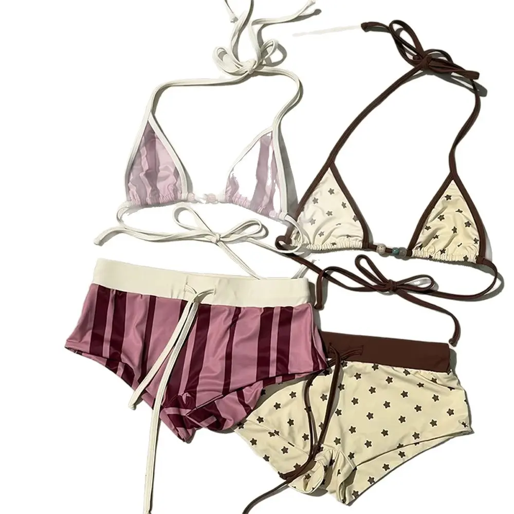 Women's Bikini Set, 2-Piece Vintage Stripe Halter Triangle Top with Adjustable Drawstring Side Tie Bottoms, No, Adjustable Drawstring Side Ties