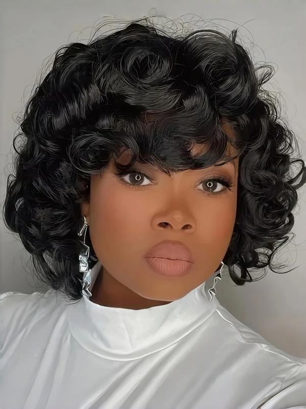Women's Short Curly Bob Wig, 10-Inch Chicken Rolls Human Hair Elf with Bangs, Full Machine Made, 180% Density, Stylish & Versatile, Real Hair Wigs