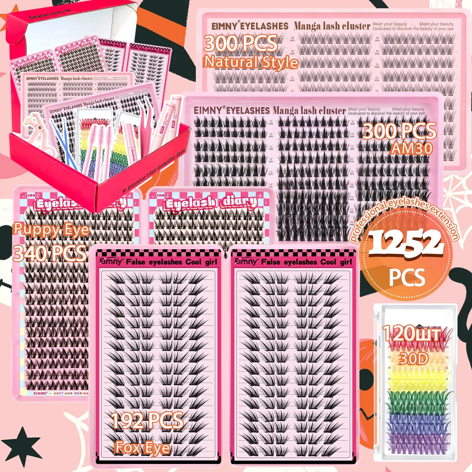 EIMNY Colorful DIY Eyelash Extensions Kit, Including Puppy Style, Natural Style, Fox Style 1224/1252/2579/864PCS Lash Clusters Kit with Full Application Tools. Beginner-Friendly Halloween Gift DIY False Eyelashes