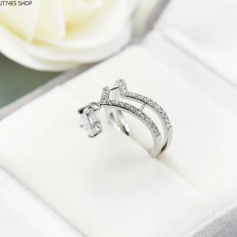 Double Layer Teardrop Cubic Zircon Ring for Women, Creative Dangle Gem Elegant Wedding Occasion Hand Jewelry Gift For Her