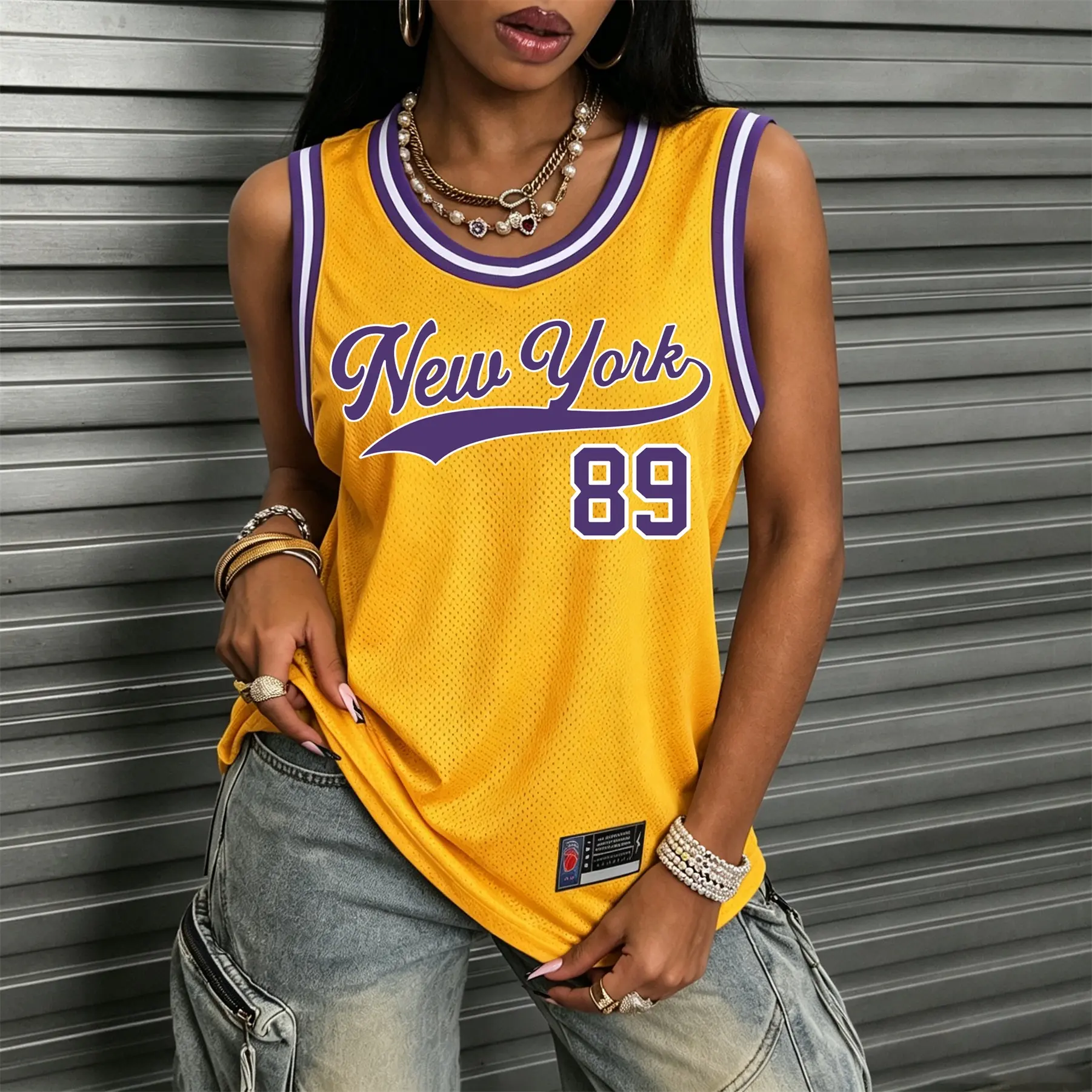 Women's Retro Colorblock Jersey Tank Top with Contrasting Ribbed Trim and New York 89 Graphic, Sporty Sleeveless Athleisure Shirt, Dry Cleanable, Athletic, Loose Fit, Drawstring Trim, Breathable Mesh, Machine Wash, Casual, Sporty Chic, Workout Gear, Fitne