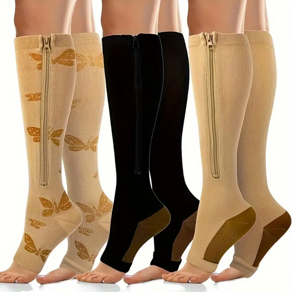 Unisex Zipper Compression Athletic Workout Socks, Open Toe Design with Zipper for Easy On/Off, Athletic Tight Socks, for Sports, Travel, Office Workers Who Sit for Long Periods
