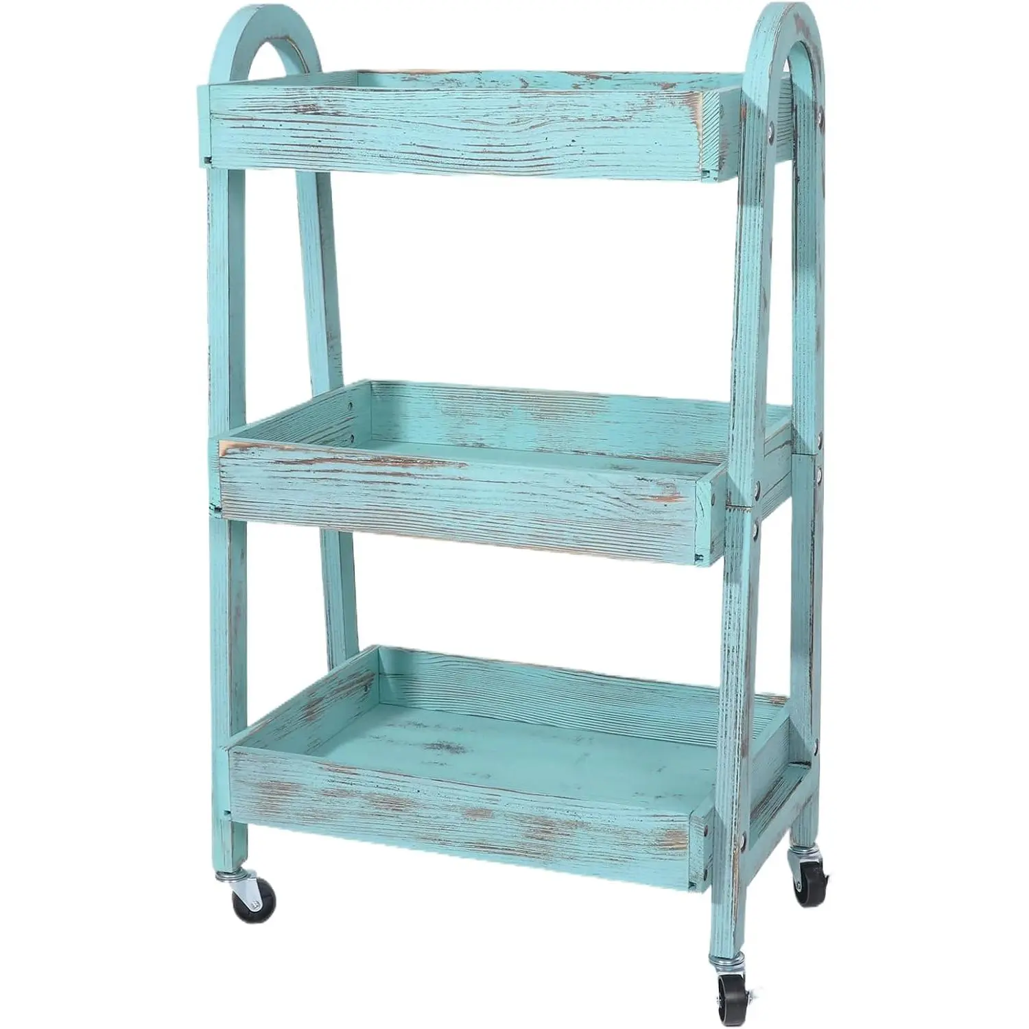 3-Tier Wooden Rolling Cart- Wooden Utility Cart wit Wheels- Utility Rolling Cart-Storage Trolley Organizer- Rolling Kitchen Serving Cart for Office,Kitchen, ' Room (Retro Blue)