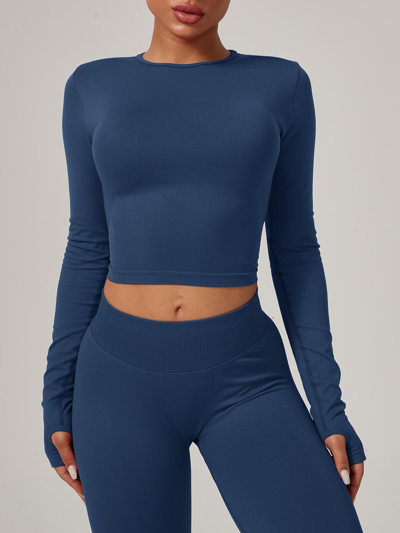 Women's Seamless Knitted Long-Sleeved Sports T-Shirt, Slim-fit, slimming, waist-cinching, Quick-drying, elastic thumb holes, Sports tight-fitting, breathable running, Yoga wear, Gym Tops, Fitness Running Tops