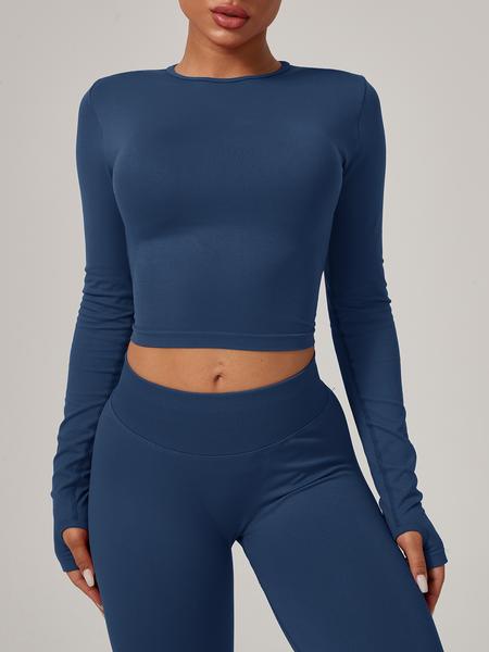 Women's Seamless Knitted Long-Sleeved Sports T-Shirt, Slim-fit, slimming, waist-cinching, Quick-drying, elastic thumb holes, Sports tight-fitting, breathable running, Yoga wear, Gym Tops, Fitness Running Tops