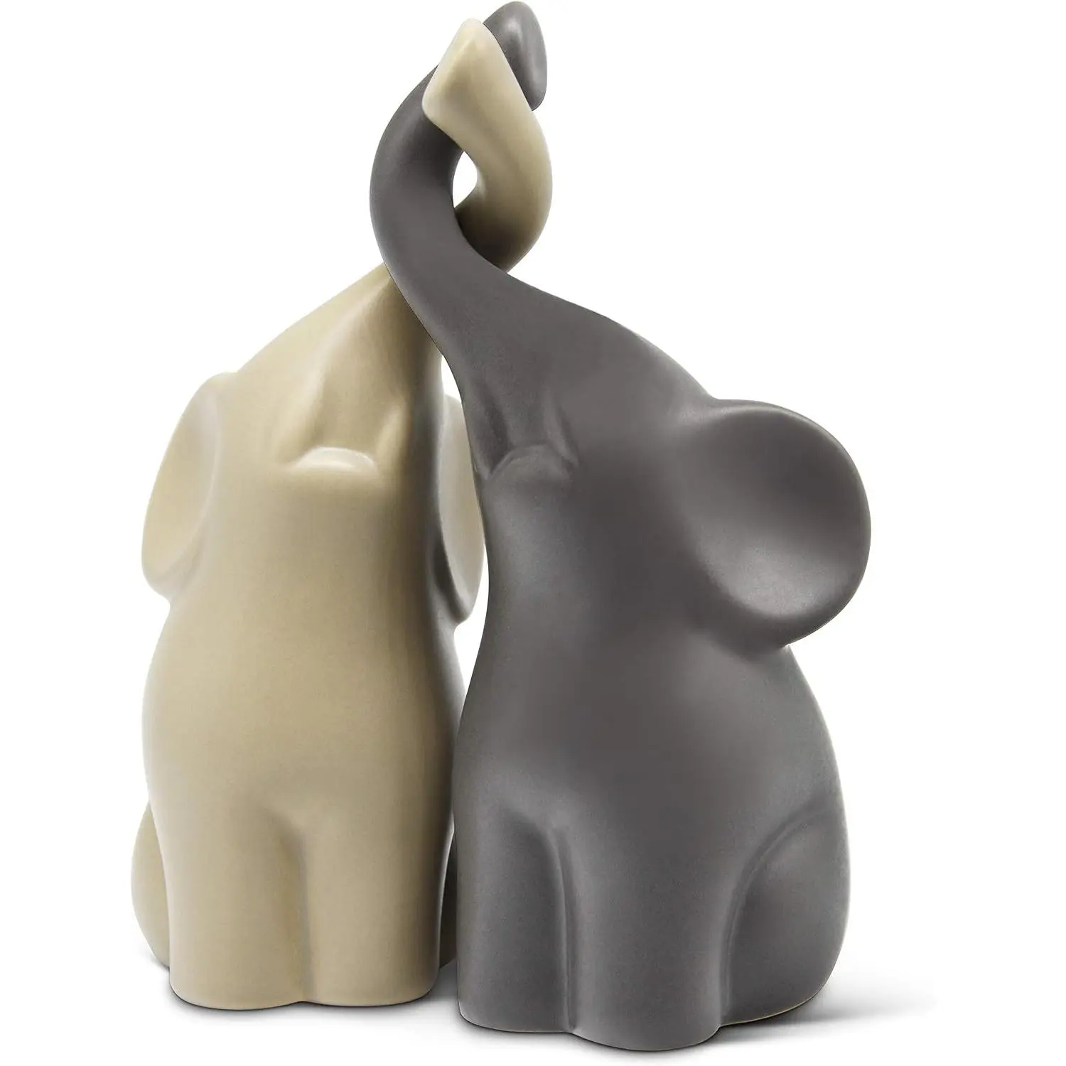 Loving Pair of Elephants in Beige & Grey - Modern Ceramic Sculpture - Figurine as a Set - Decoration Figure 6.3" high - Ornament Elephant in Love