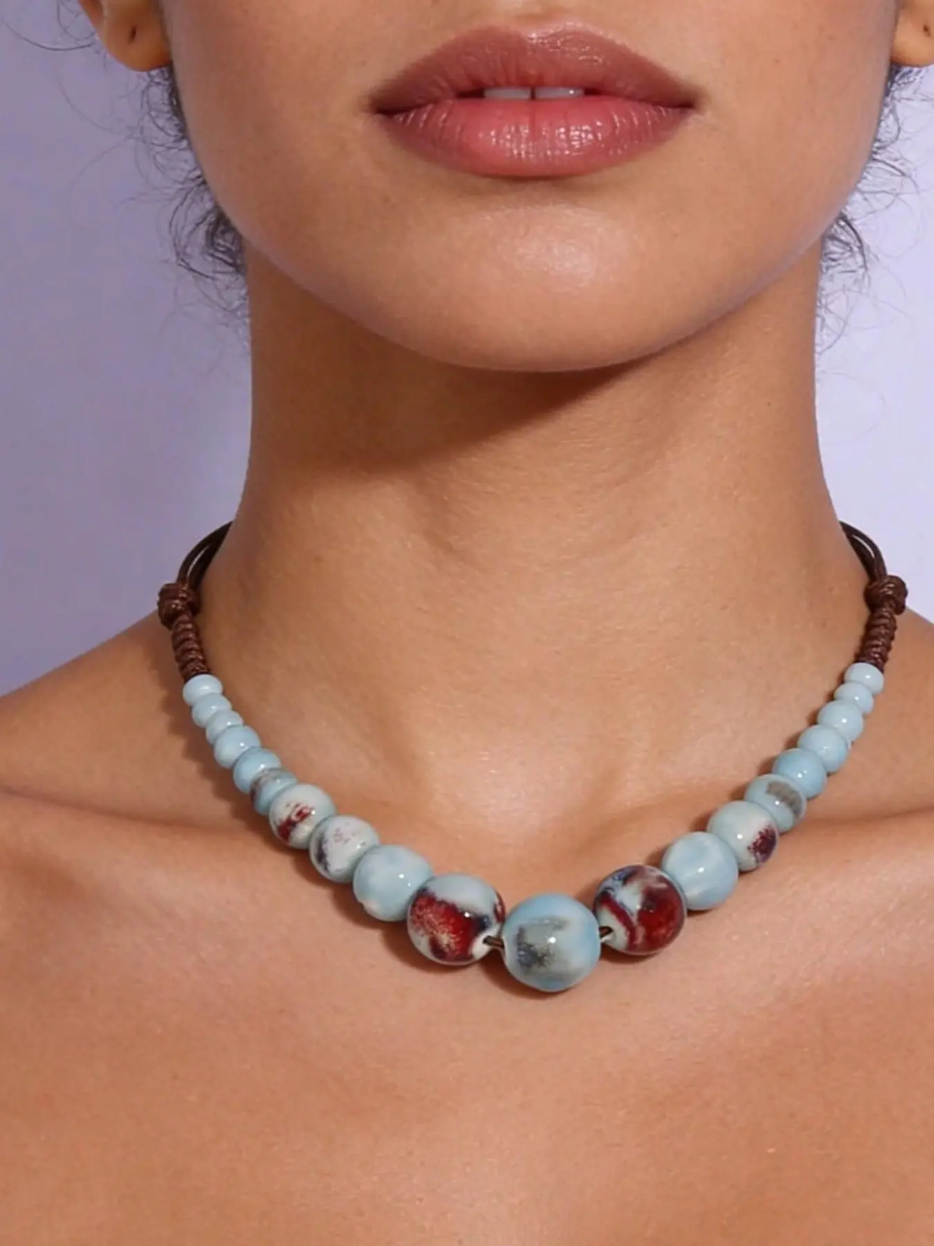 Boho Vintage Ceramic Bead Necklace for Women, Gradient Round Beads, Adjustable Cord Design, Fashionable Accessory, Perfect Daily Gift
