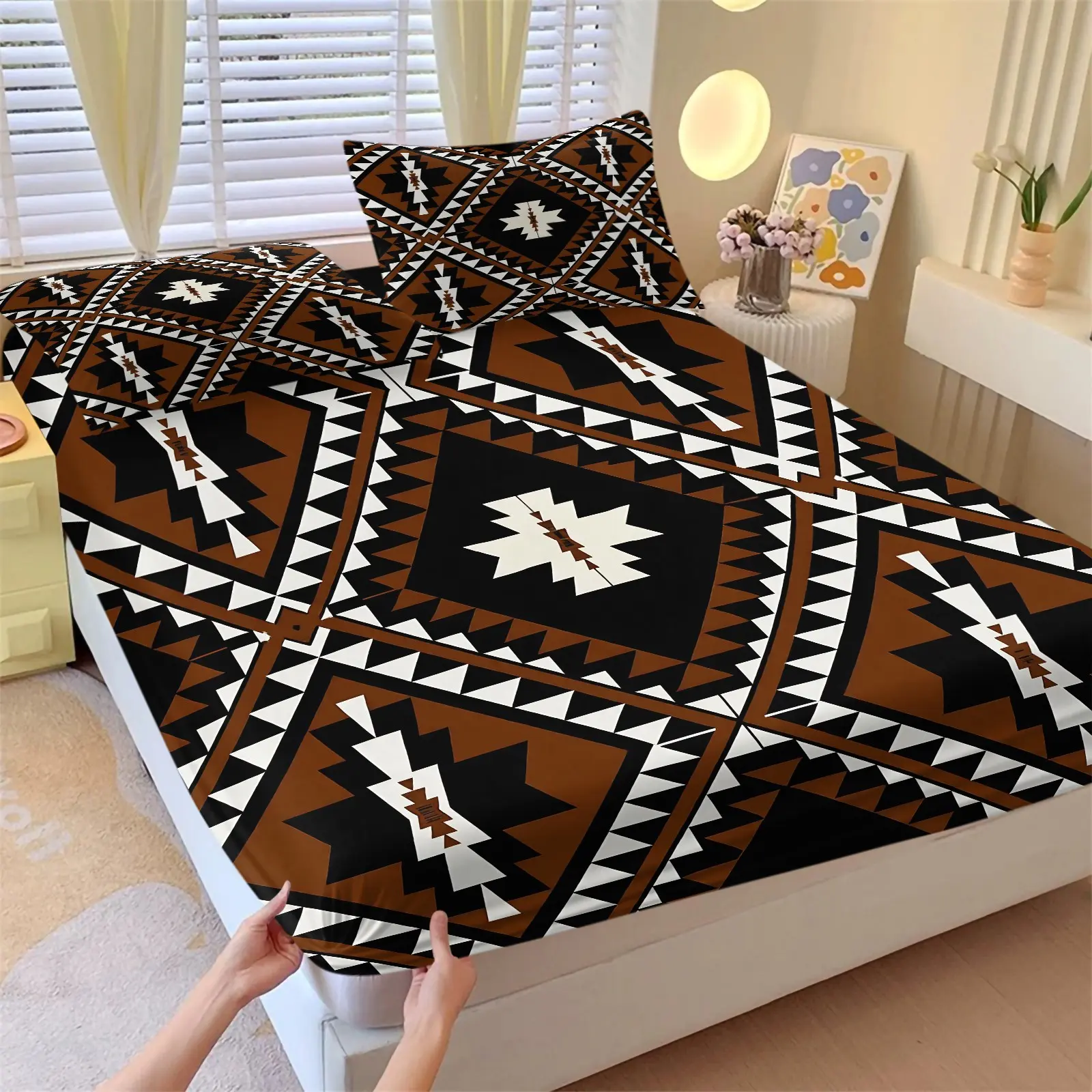 Southwestern Aztec Geometric Fitted Sheet Set, Brown Black Western Boho Print Bed Sheets Set, Includes 1 Fitted Sheet & 2 Pillowcases, Rustic Western Mexican Diamond Bedding for Men, For Bedroom Dorm Guest Room Home Decor, Bedsheet Sets