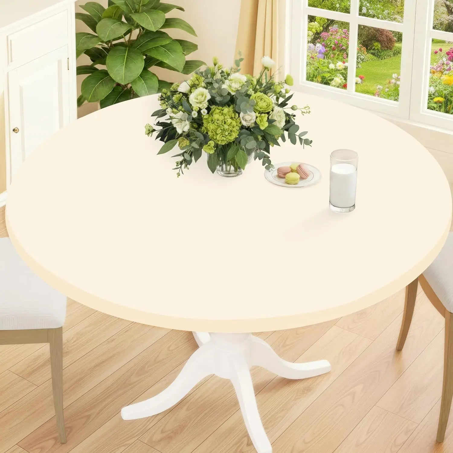 Round Spandex Tablecloth, Elastic Fitted Washable Tablecloths for 36"-44" Tables, Waterpoof Stretch Picnic Table Cover for Dining, Indoor and Outdoor, Beige, Baby Blue, Yellow
