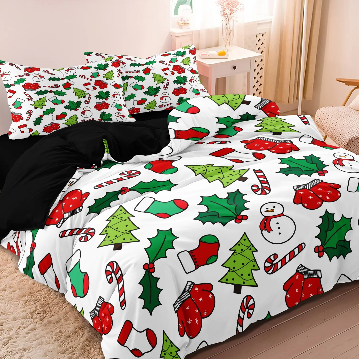  3 Pieces Cute Christmas Element Print Duvet Cover Set, Snowman Xmas Tree Candy Cane Holly Printed Bedding, Soft Microfiber Festive Winter Holiday Bedding For Bedroom Home Decoration, Multiple Sizes Available