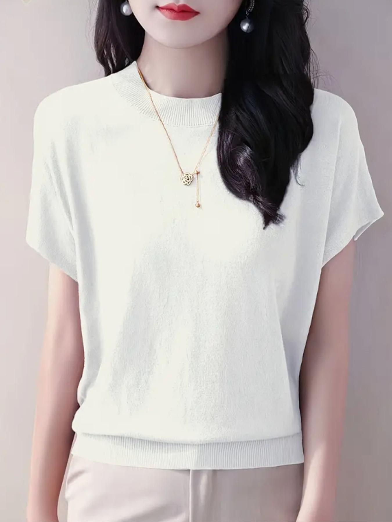 Women's Plain Round Neck Sweater Knitwear, Casual Short Sleeve Crew Neck Jumper for Summer, Fashion Women's Top for Daily Wear