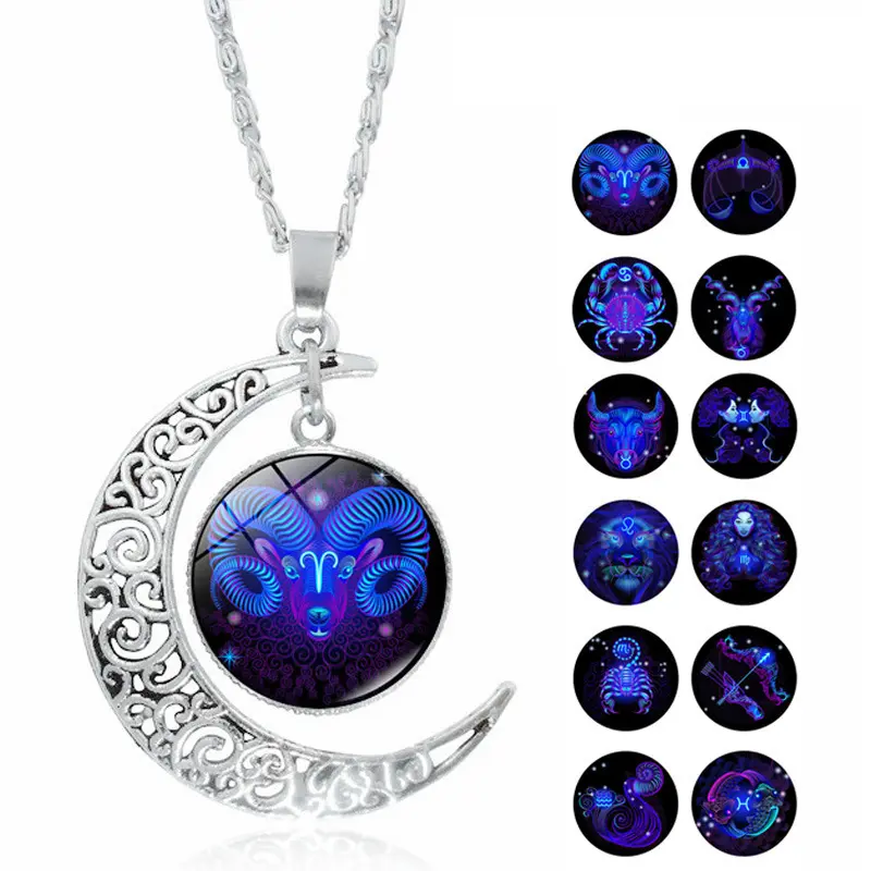 Women's Silver Filigree Crescent Moon 12 Zodiac Sign Time Gem Glass Pendant Necklace - European Astrology Jewelry for Aries, Cancer, Sagittarius, Gemini, Virgo Birthday Gifts,girl, Alloy Pendant Necklace, Exquisite Chain Jewelry, Crescent Moon Pattern Nec