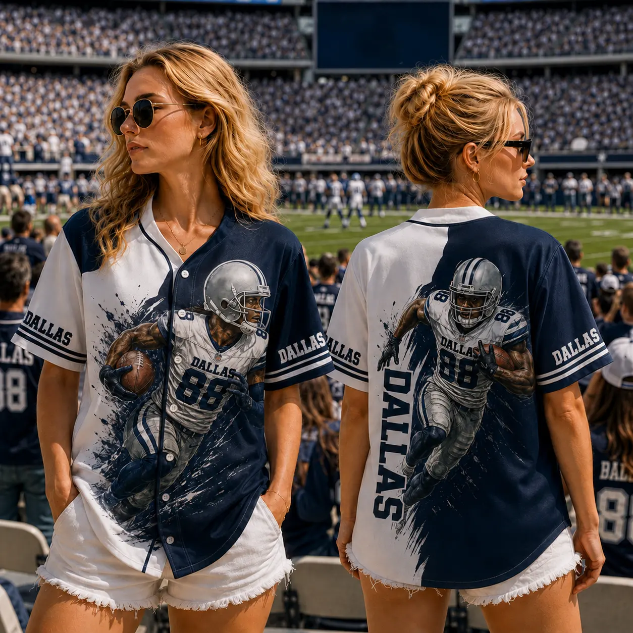 Unisex Football Graphic Button‑Up Baseball Jersey, Short Sleeve Split‑Color Printed Shirt, Stylish Fan Top For Stadium Game Days, Watch Parties And Casual Street Outfits
