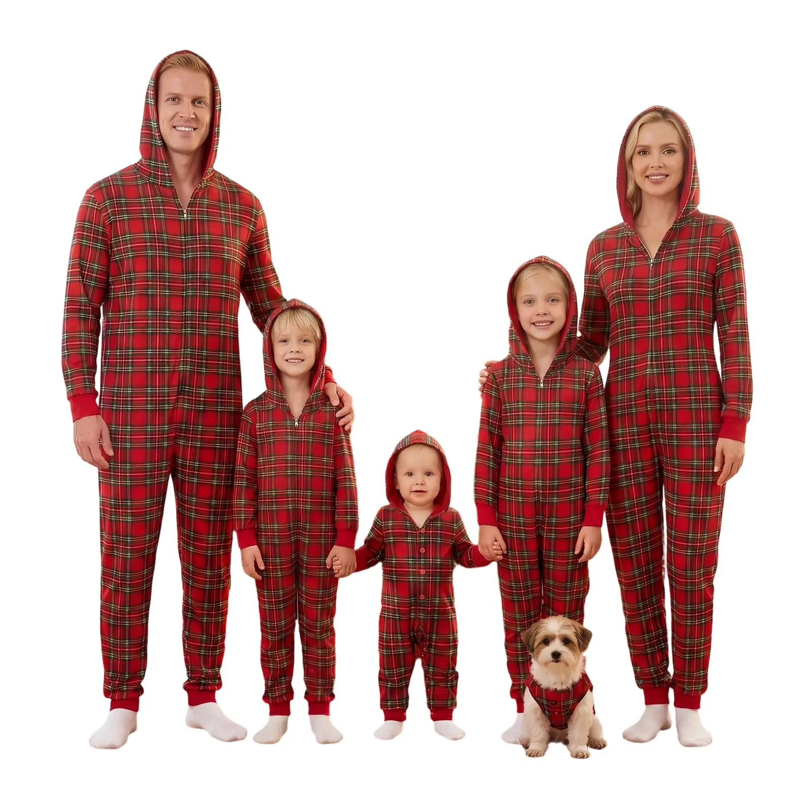 Family Matching Christmas Hooded Onesie Pajamas Red Plaid Soft Knit Adult Kids Baby Pet Sizes Zip Up Family Holiday Photoshoot Loungewear Sleepwear