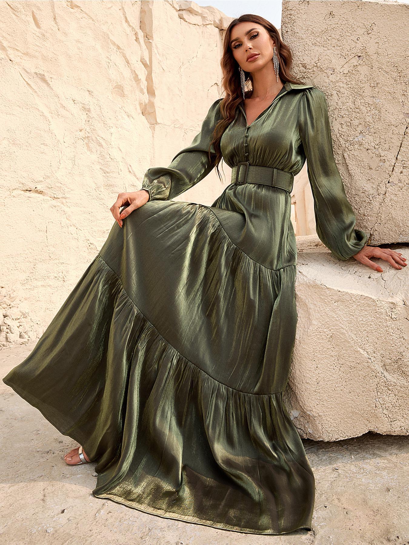 Women's Plain Buttons Belted Bishop Long Sleeve Vintage Chiffon Dress, Casual Wear, Christmas Party Dress, Elegant Collared Maxi Dress for Party Banquet Prom, Formal Dresses for Women, Ladies Fall & Winter Clothes