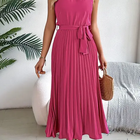 Women's Solid Color Belted Pleated Halter Neck Fitted Tank Dress, Elegant Chic Casual Bohemian Boho Chic Style Sleeveless A Line Long Dress for Summer, Ladies Clothes for Beach Holiday, Beach Party Dress, Hot Pink Womenswear, Boho Fashion Dress