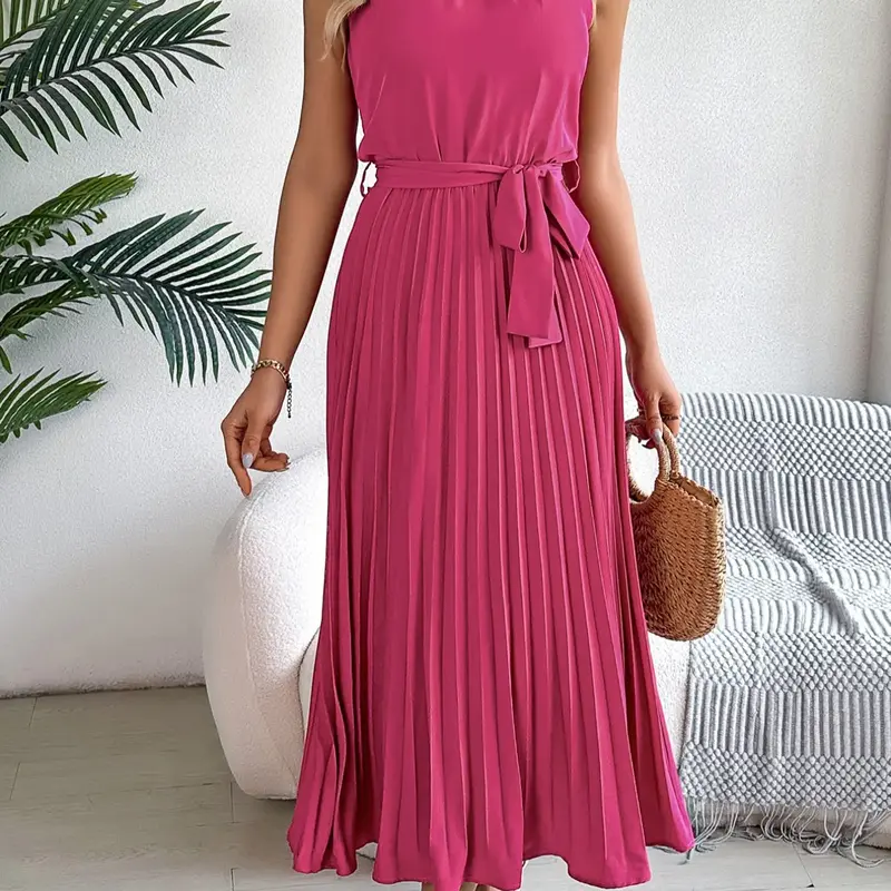 Women's Solid Color Belted Pleated Halter Neck Fitted Tank Dress, Elegant Chic Casual Bohemian Boho Chic Style Sleeveless A Line Long Dress for Summer, Ladies Clothes for Beach Holiday, Beach Party Dress, Hot Pink Womenswear, Boho Fashion Dress