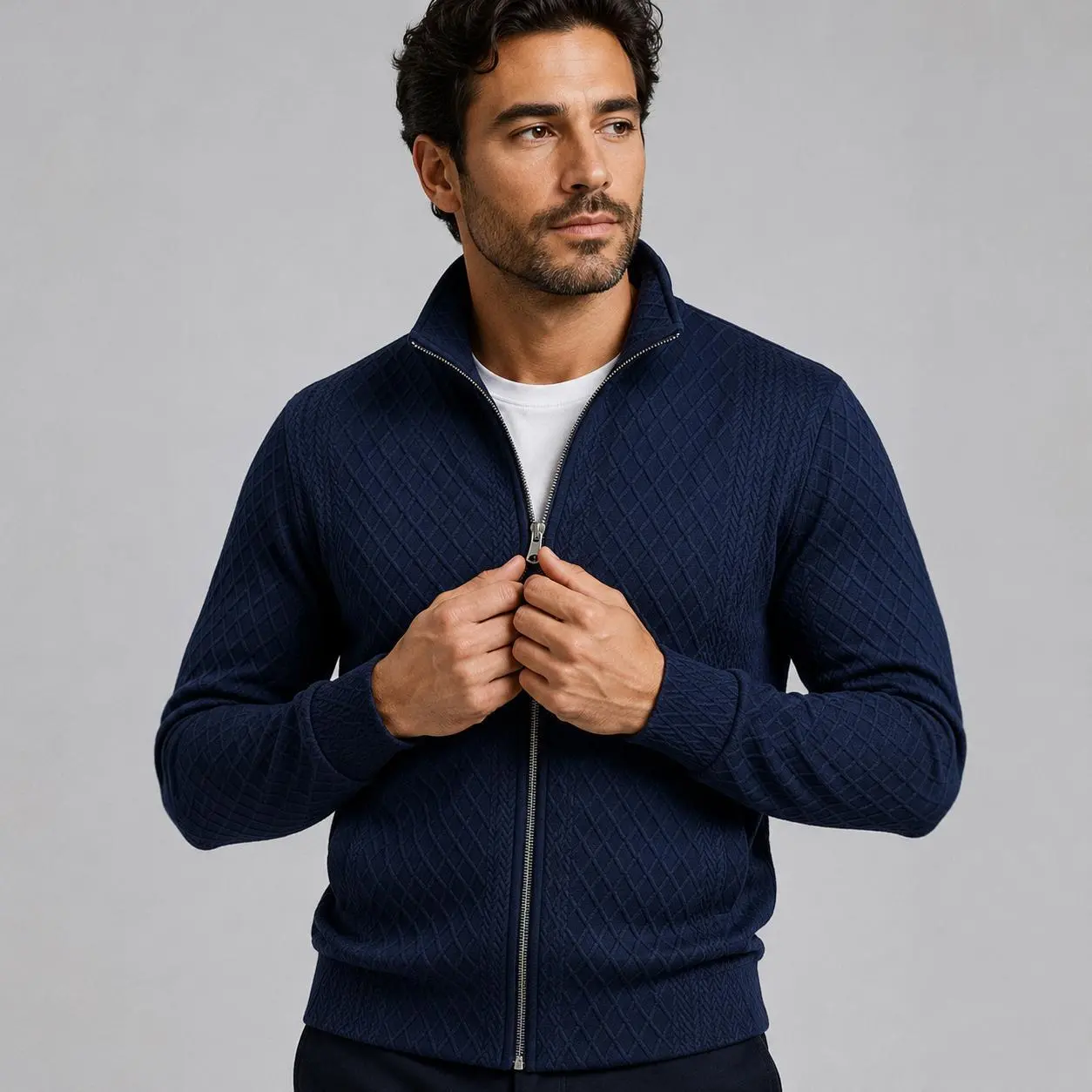 Mens Diamond Pattern Knit Jacket Full Zip Long Sleeve Stand Collar Cardigan Regular Fit Casual Streetwear Smart Layering Sweater Coat for Cool Weather Outfits