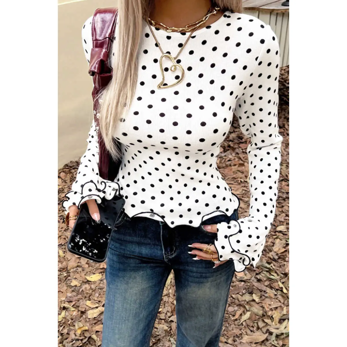 Women's Casual Slim-Fit Polyester Black Polka Dot Print Lettuce Trim Long Sleeve Round Neck Ruffled Blouse, Shirts, Longsleeves, Printed