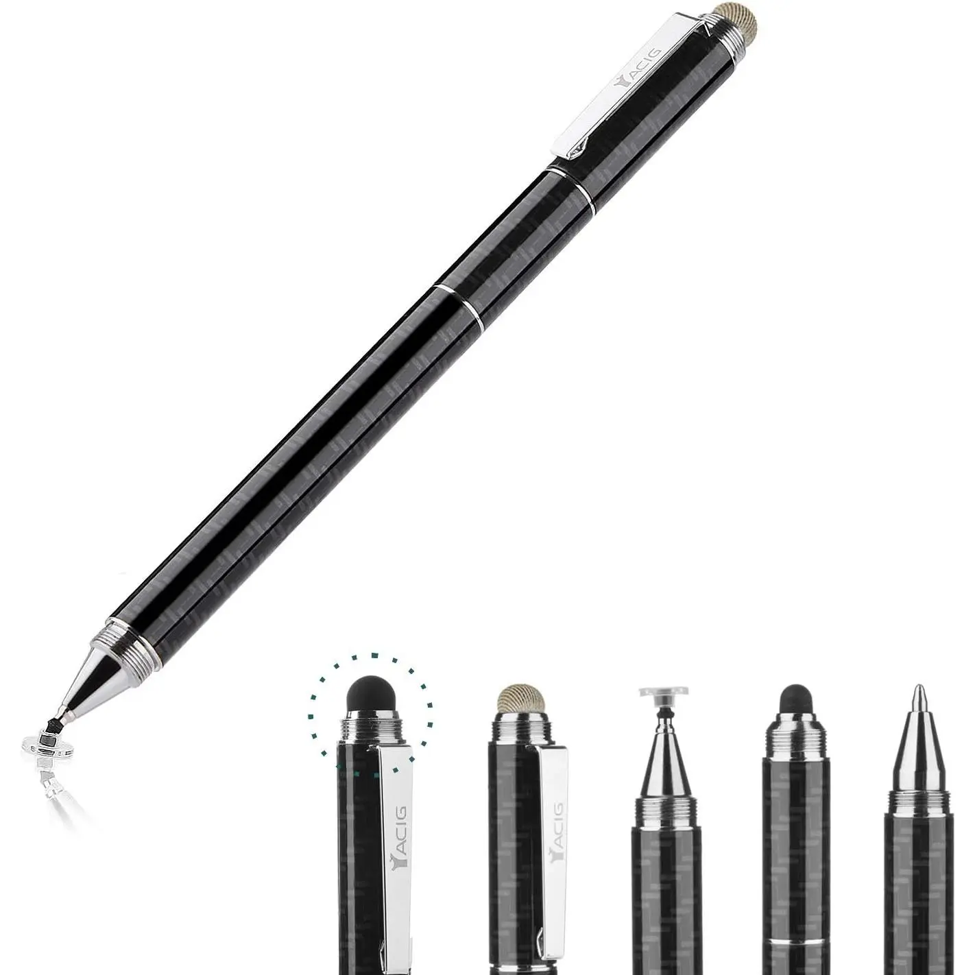 Capacitive Stylus Pen, 4-in-1 High Sensitivity and Precision  Screen Stylus Clear Disc Tip,Black Rubber Tip &Mesh Fiber Tip Compatible with   Screen Device,Black