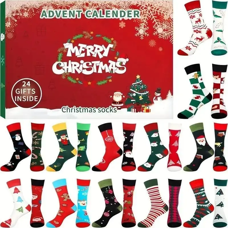 24-Piece Sock Advent Calendar, Christmas & New Year Countdown, 24-Day Gift Set, No Power Needed, Durable Material, Perfect Holiday Gift