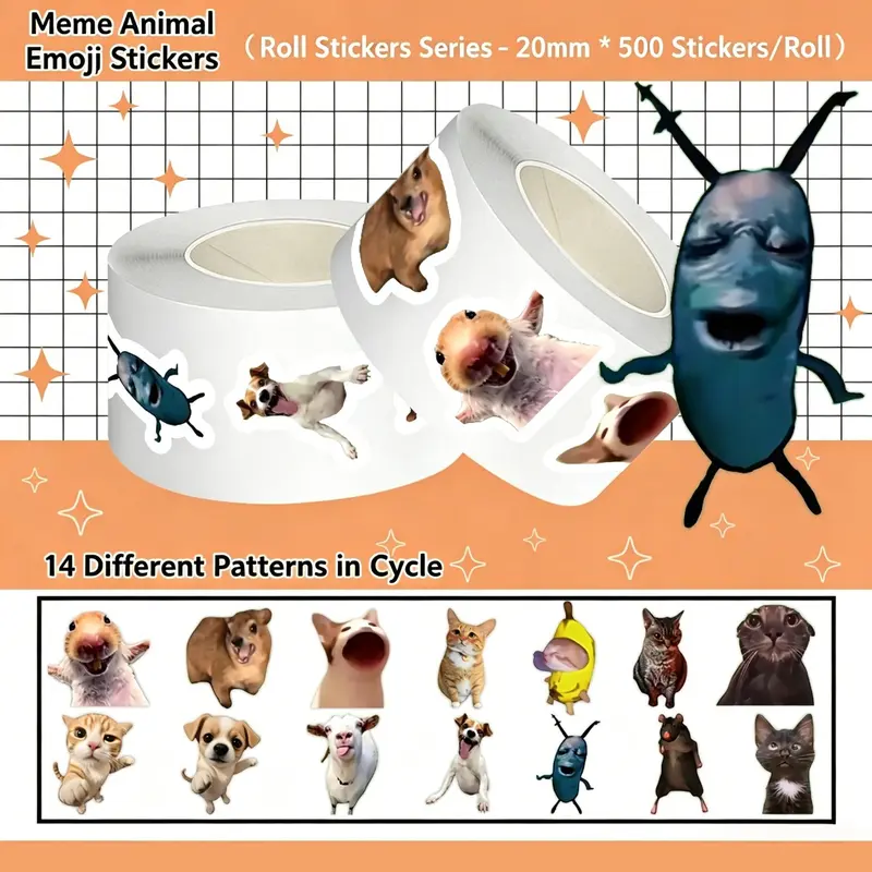 500Pcs Meme Animal Sticker Roll 20mm, Funny Abstract Animal Stickers for Sealing, DIY Decoration, Birthday Gift Decor, Decorative Stickers #MemeAnimalStickers #FunnyMemeStickers #StickerRoll #SealingStickers #DIYDecals #JournalStickers