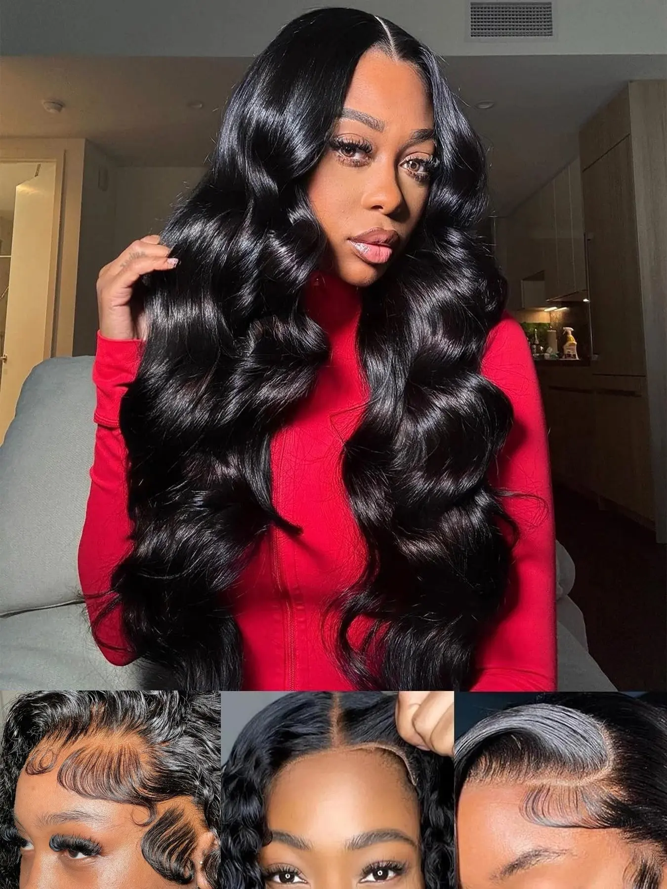 Synthetic Hair 4x4 Glueless Closure Lace Wig, Natural Black Body Wave Wear‑and‑Go Versatile Chic Wig, 200% Density Pre‑plucked with Baby Hair, Small Knots Melted Scalp Look for Women, Daily, Party & Christmas Gifts