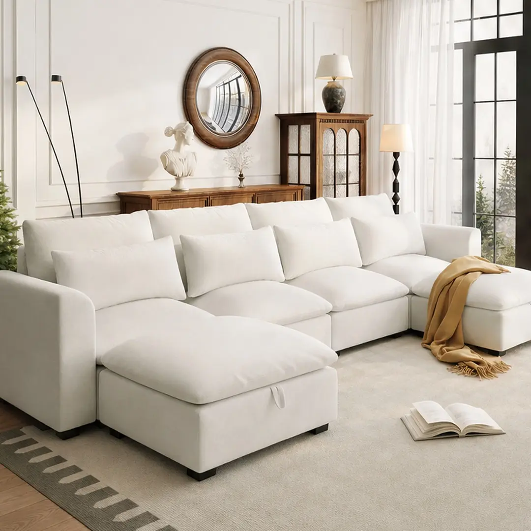 ARCH U-Shaped Modular Corner Sofa with 2 Ottomans, 6-Seat Linen Blend Sofa Couch for Living Room, Home Theater, Study, Beige/Dark Blue/Gray Color Options, Hidden Storage, Freely Transformable, Linen Blend Material, 6 Seat Seat Count