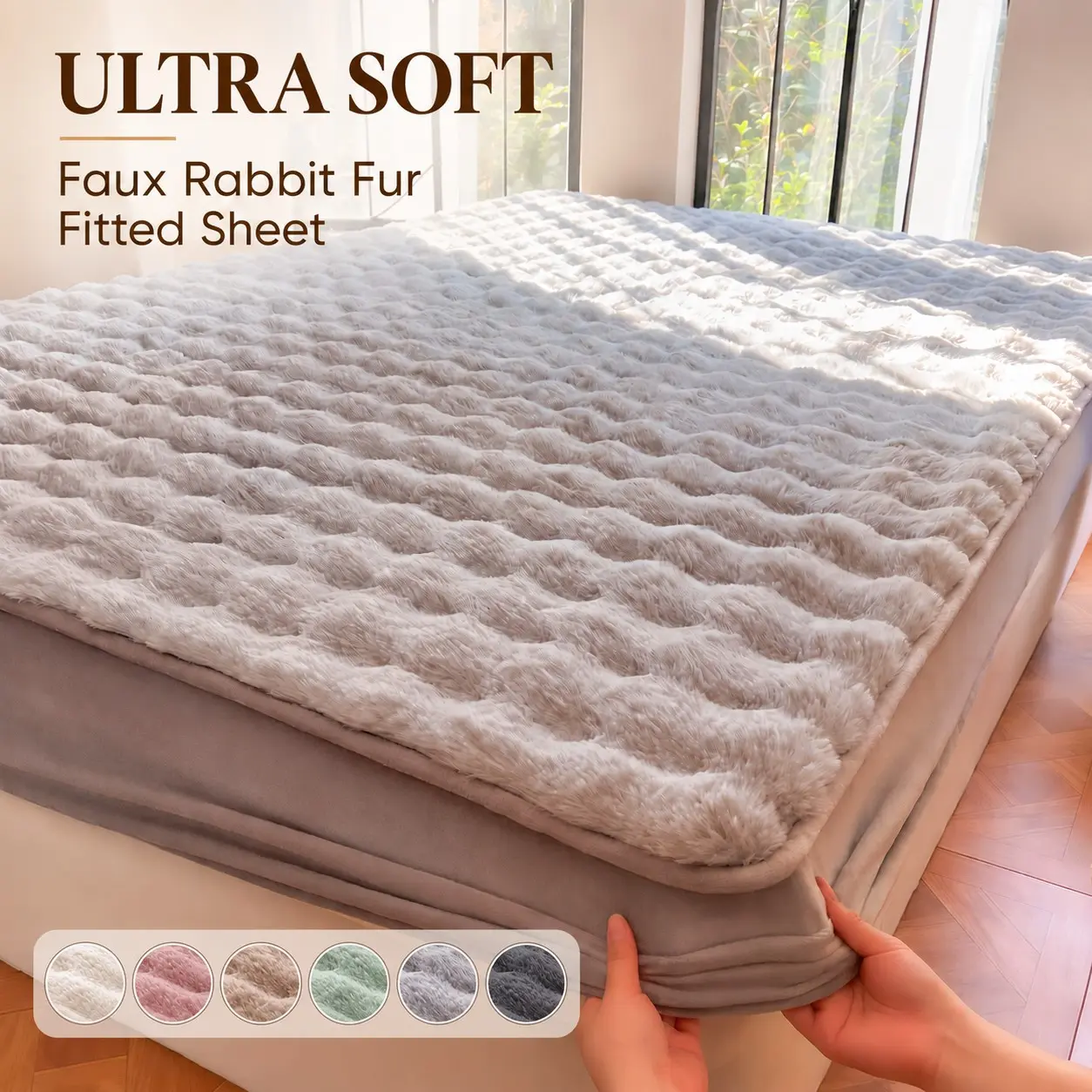 Ultra Soft Faux Rabbit Fur Fitted Sheet, Fluffy Plush Warm Solid Color Bedding with Elastic Snug Fit, Cozy Machine Washable Mattress Cover for All Seasons, Bedroom, College Dorm, Apartment, Hotel, Guest Room and Holiday Home, Multiple Sizes