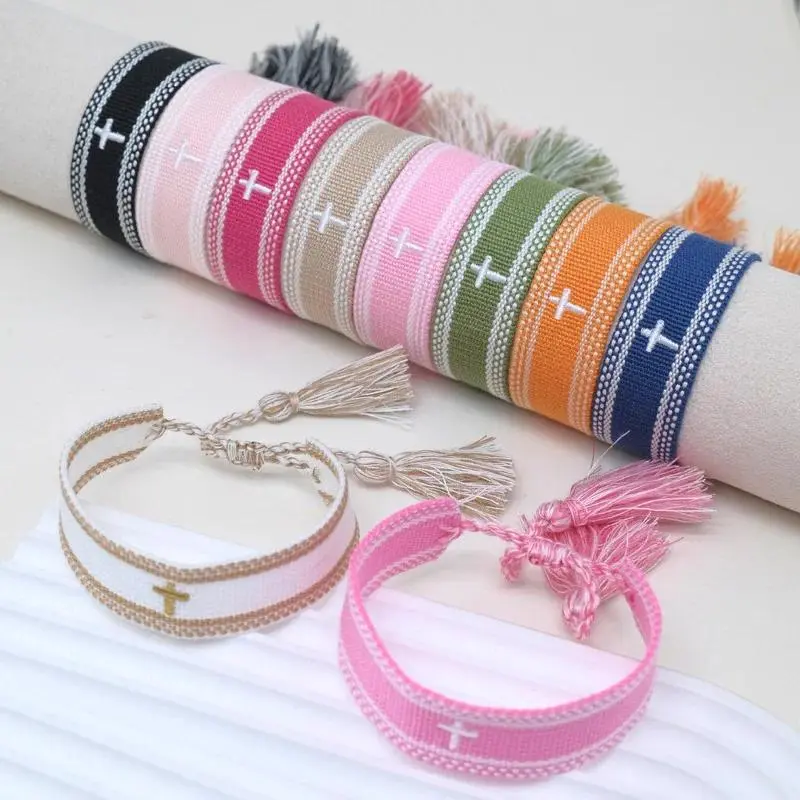 Chic Aesthetic Boho Bracelet for Women - Bohemian Hand-Woven Tassel Motif with Cross-Stitch Embroidery Design and Adjustable Secure Fit, Unique Hand Accessory, Perfect for Daily Wear Styling, Music Festival Accessory, Vacation Outing & Friendship Gift