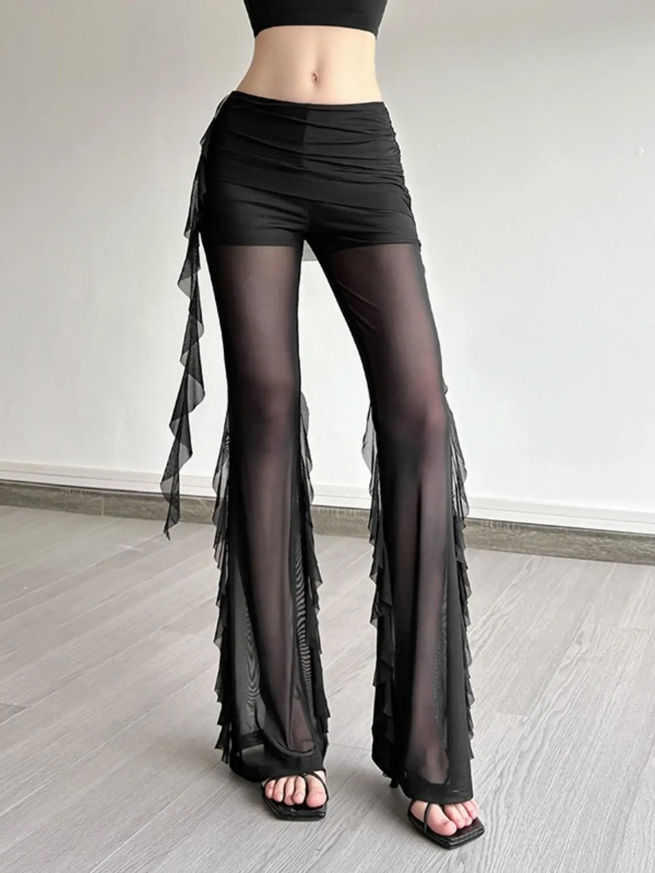 Aesthetic Sexy See Through Pants Women Dark Gothic Streetwear Vintage Coquette Grunge Ruffle Patchwork Flare Pants Femme