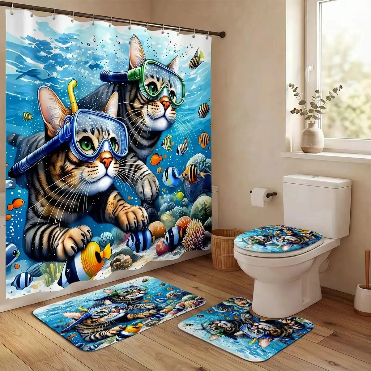 4Pcs Decorative Shower Curtain Set Snorkeling Cat, Tropical Fish, Coral Reefs, Bathroom Sets with Rugs for Summer Vacation, Bathroom Decor Playful Snorkeling Cat With Tropical Fish And Coral Reefs For Vibrant Summer Vacation Bathroom Style