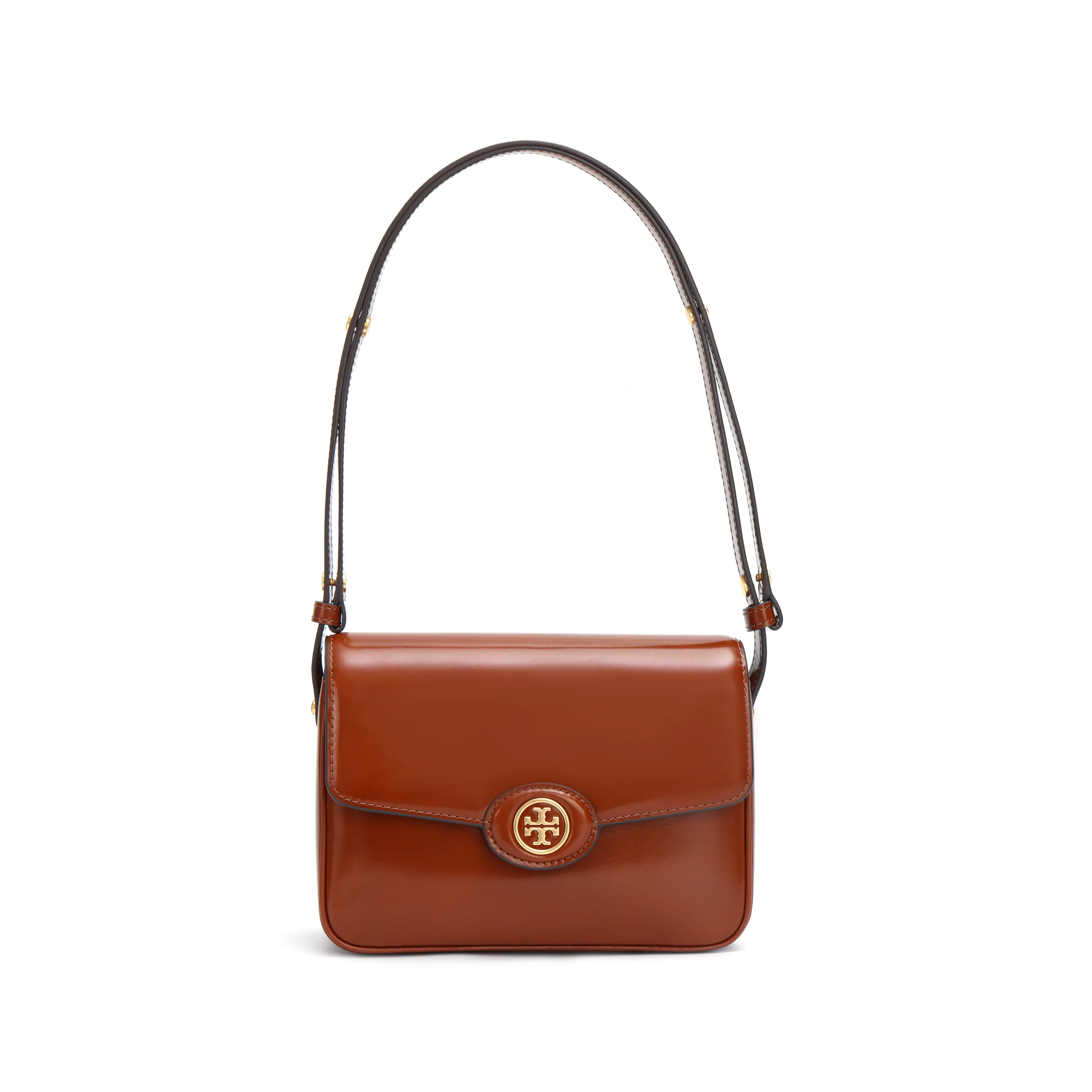 Tory Burch Robinson 21 Crossbody Bag for Women, Patent Leather with Magnetic Snap Closure and Adjustable Strap, Deep Tan