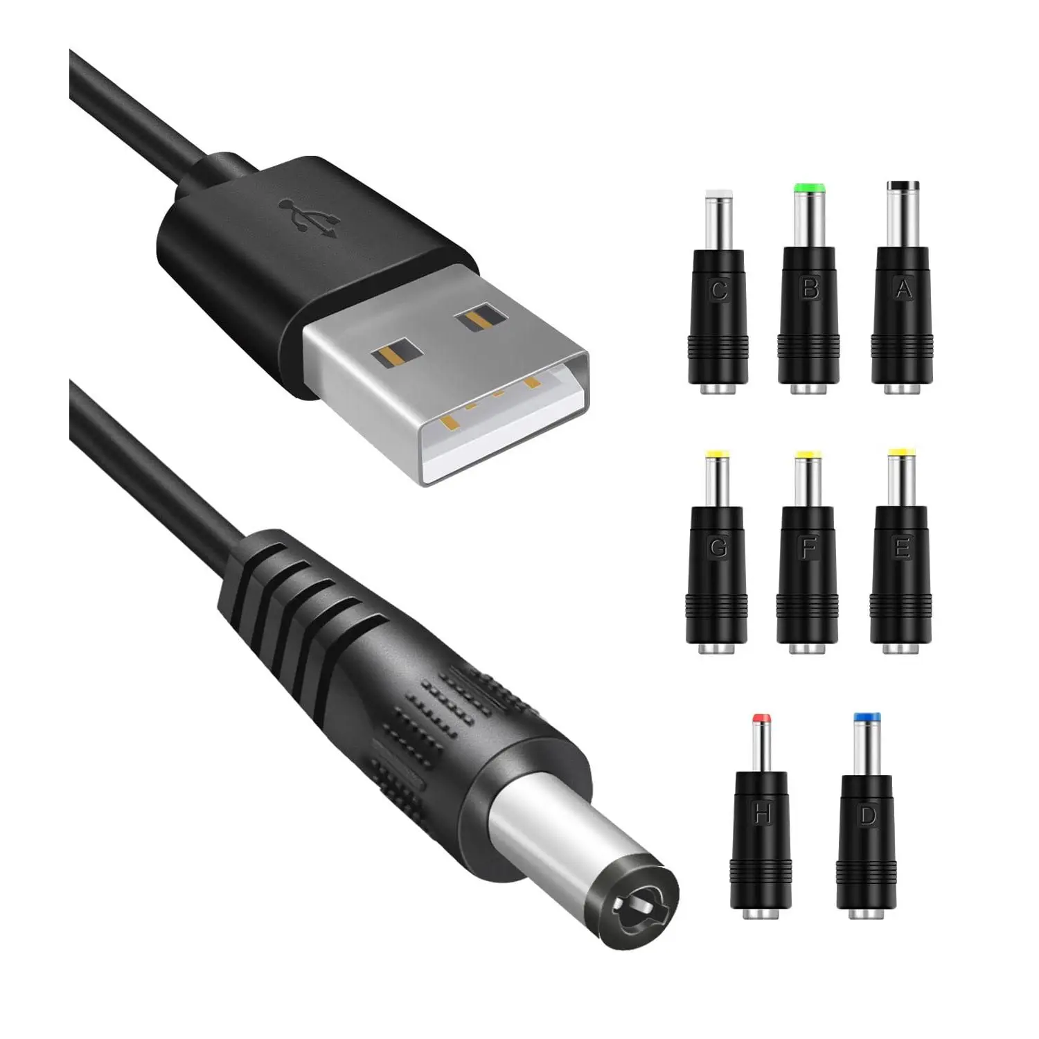 5V DC Power , USB to DC 5.5x2.1mm Plug  Cord with 8 Connectors Adapters fit for Speaker, Router, LED Light, Moon Lamp and  5Volt 3Amp Electronics
