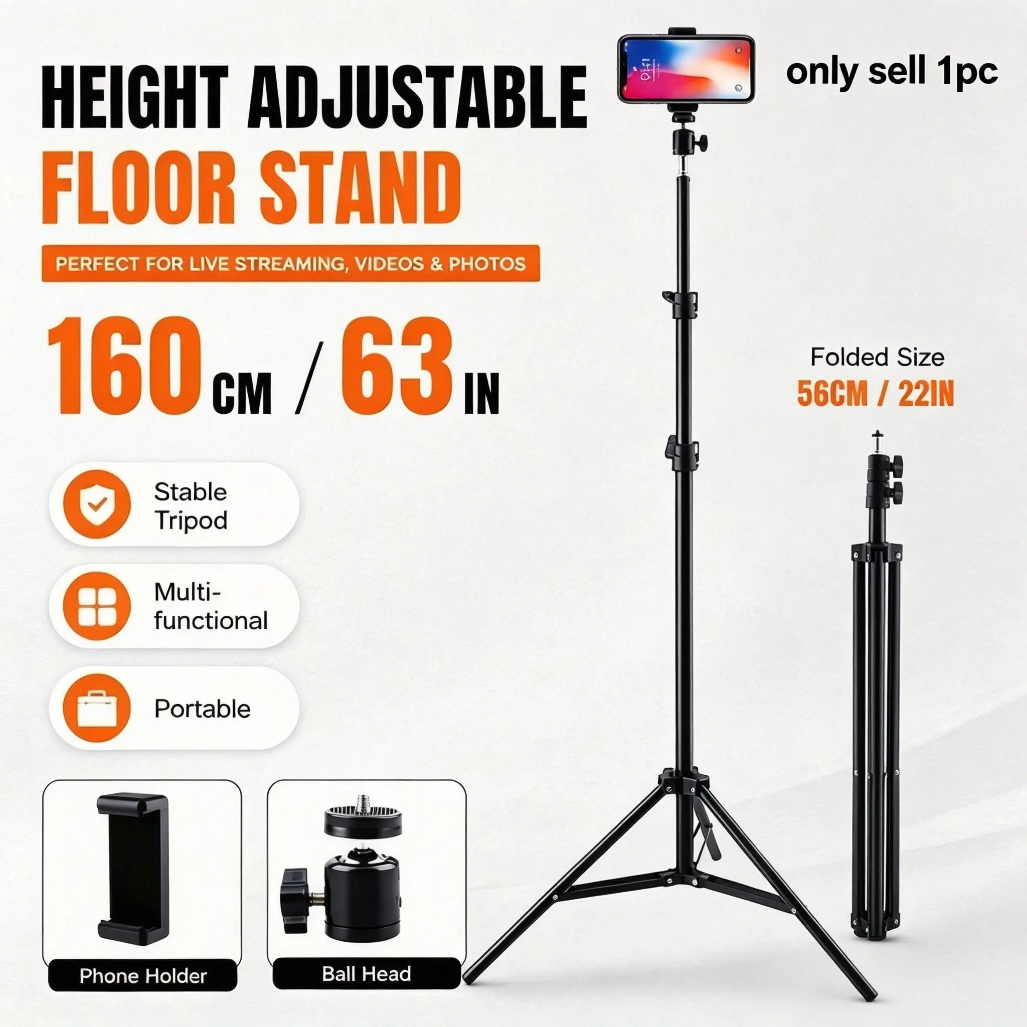 Portable 1.6m Camera Tripod Kit, Adjustable Height, Foldable Design, Stable Base, 360° Ball Head, Phone Holder, for Phones, Dslr, Action Cameras
