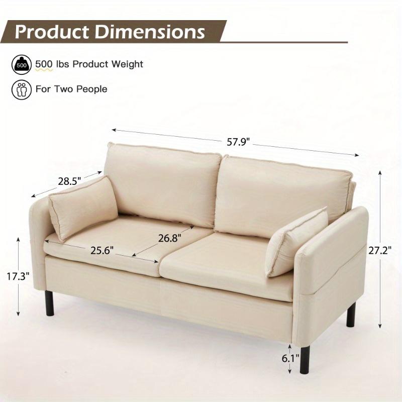 57.9" Velvet Loveseat Sofa, Upholstered Couch with 2 Soft Cusions and Side Storage, Comfortable and Durable Two-Seater with Round Arms, Elegant Sofa for Apartments, Studios, Offices & Small Spaces, Beige