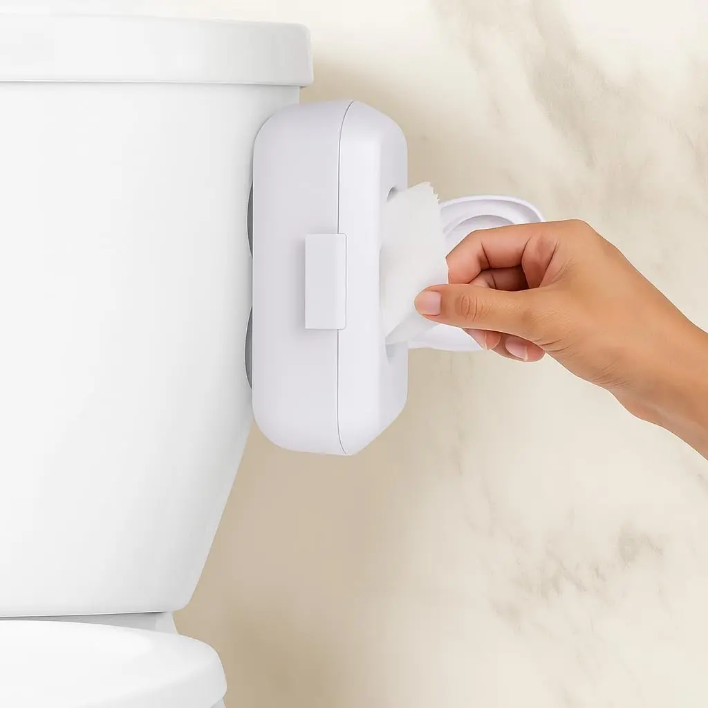 Discreet Flushable Wipes Dispenser with Lid – No-Drill Suction Mount Bathroom Holder for Standard Flushable Wipes – Fits Toilet Tank, Tile, or Mirror(Gift)