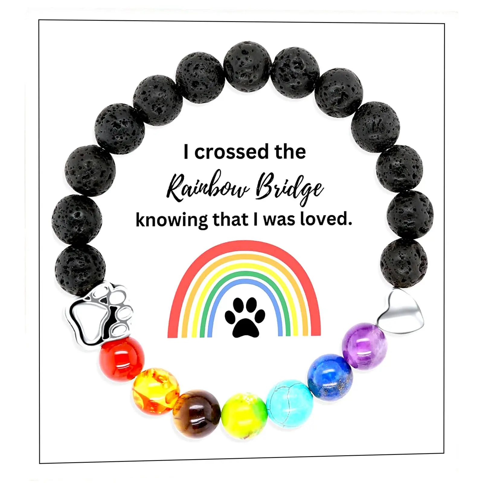 Pet Memorial Commemorative Bracelet, 8mm Rainbow Theme Lava Stone & Alloy Beaded Charm with Elastic Bands for Dog & Cat Loss