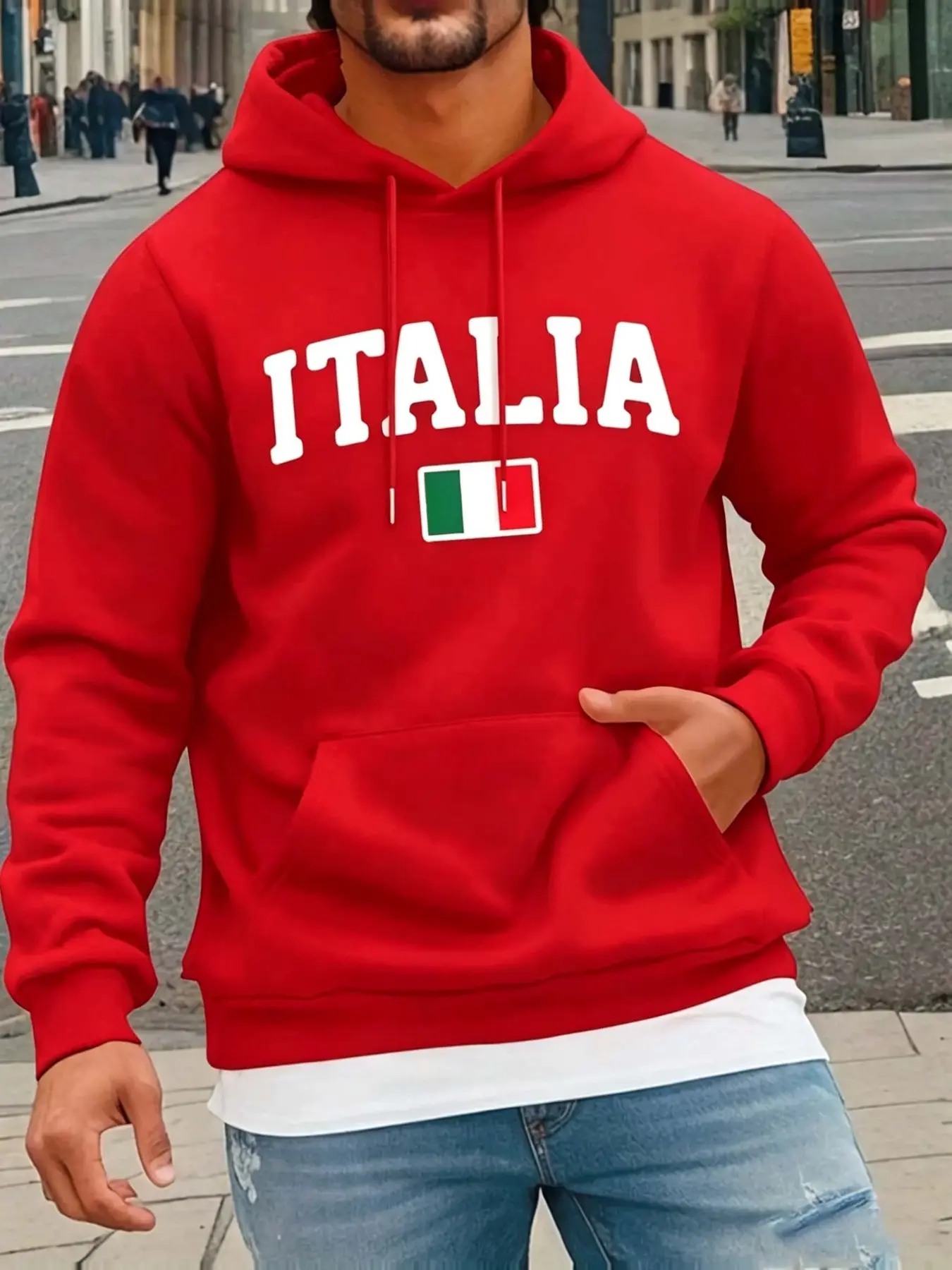 Men's Italia Print Casual Hooded Sweatshirt, Trendy Long Sleeve Hoodie, Comfortable All-Season Outerwear, Perfect for Fall & Winter