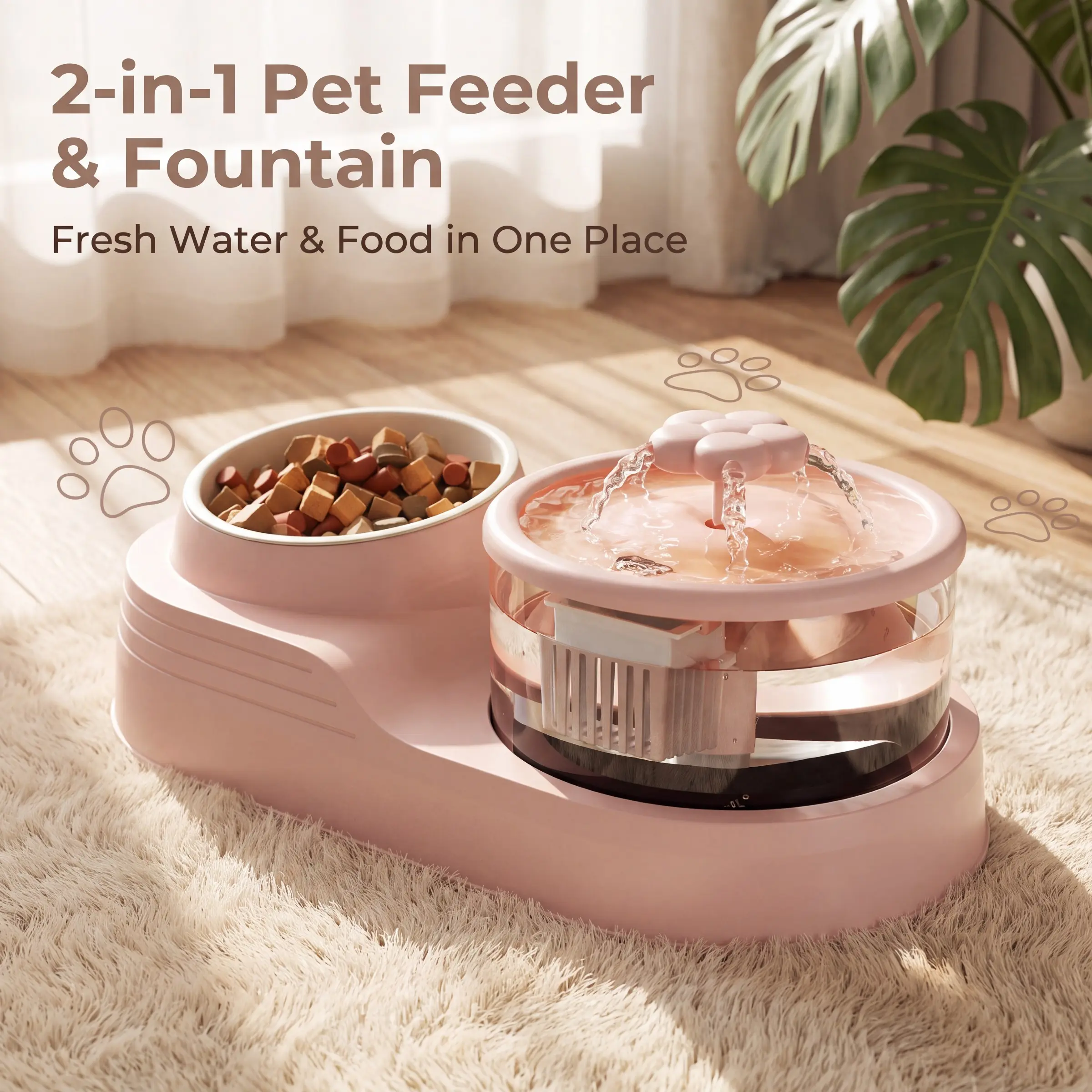 Pet Feeder Water Dispenser, Neater Feeder, Minimalist Apricot Style, Pet Food Water Bottle, Deep Filtration, Suitable for Cats and Small Dogs, Home Use