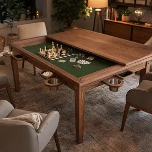 Solid Wood Board Game Table with Cup Holders - 62" Convertible Dining & Puzzle Table, Heavy Duty Wooden Card Table with Recessed Play Area for Game Room