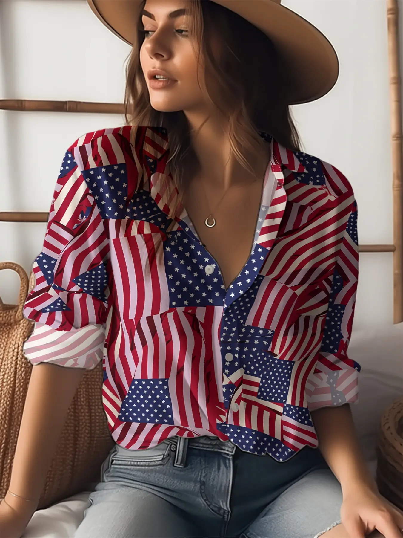 2026 New Women's American Flag Print Blouse, Stripes Star Collar, Loose-Fitting H-Type, Casual Sleeveless Shirt