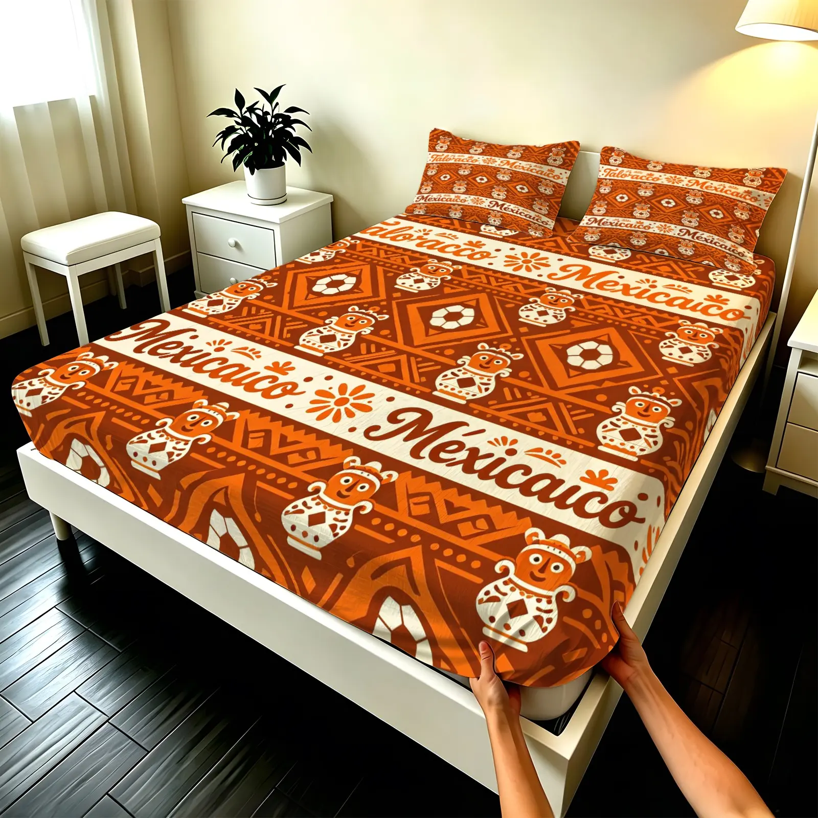 3PCS Mexican Folk Soccer Fitted Sheet Set, Elastic Band Wrap Mattress, Slip Resistant Wrinkle Free, Machine Washable, for Bedroom Hotel Homestay, Housewarming Birthday Xmas Gift