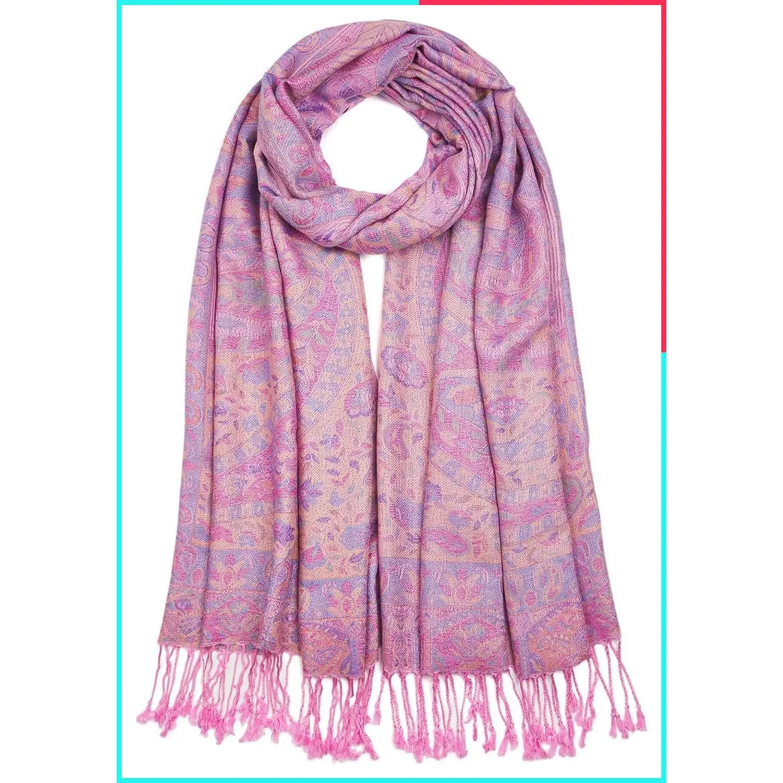 Paisley Reversible Jacquard Pashmina Shawl Wrap Scarf with Fringe, Vintage Festival Rave for Women