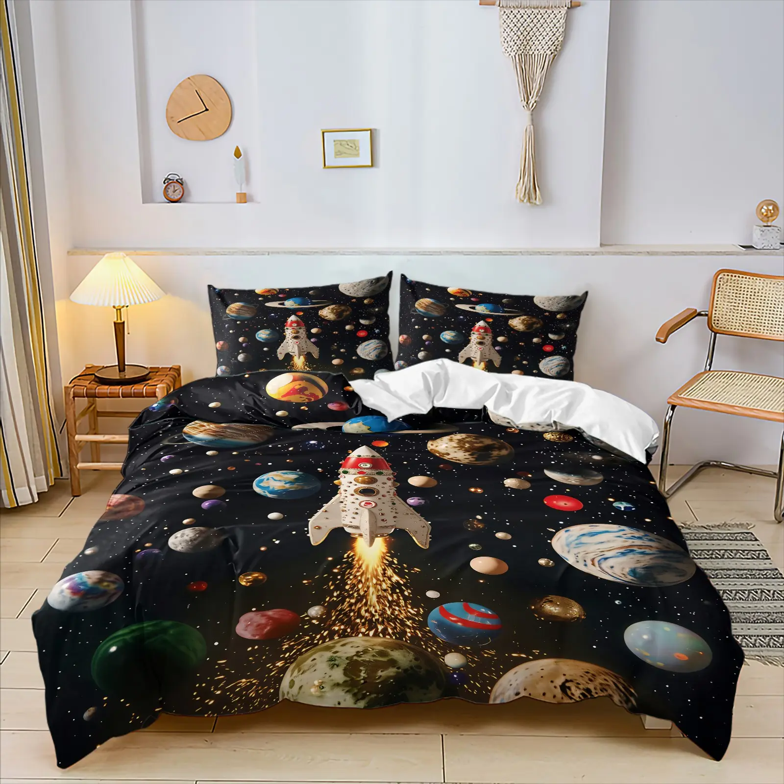 Cartoon Spaceship Outer Space Themed Duvet Cover Set, Include 1 Quilt Cover and 1/2 Pillowcases, Cosmic Planet Starry Sky Print Kids Bedroom Comforter Cover, Vintage Space Rocket Solar System Bedding
