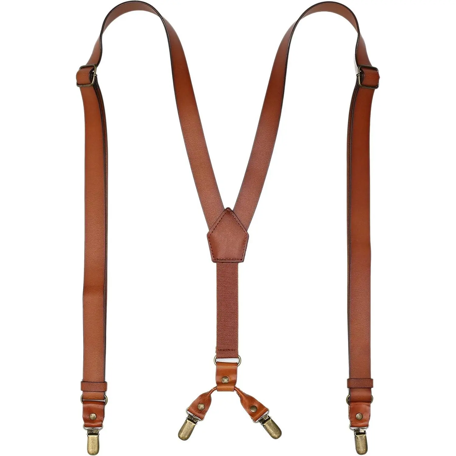 Men's Leather Suspenders Y-Back Adjustable with 4 Metal Clips, Groomsmen Wedding Gift, Brown(Gift)