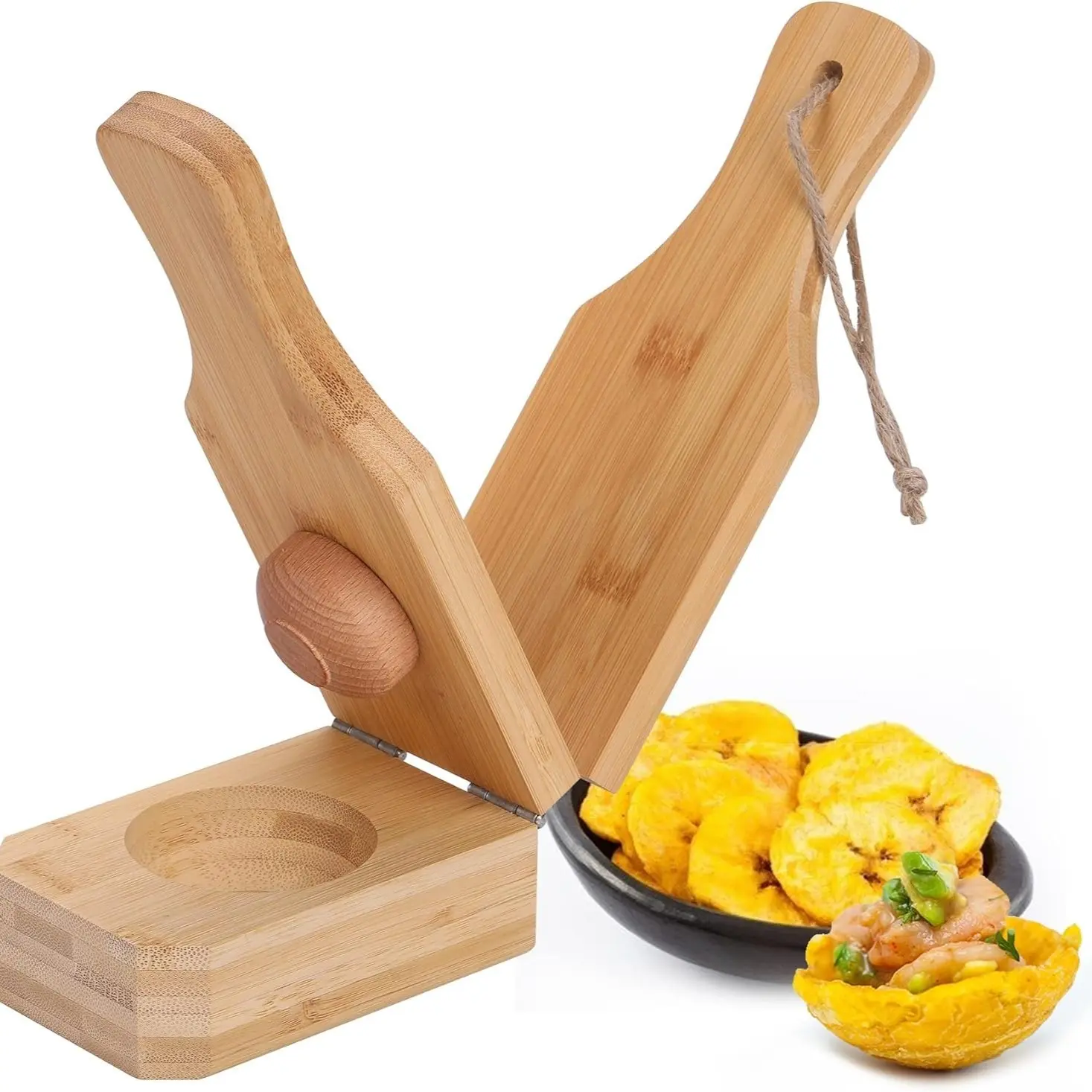 Bamboo Tostones Plantain Press Plantain Smasher Maker - Authentic Caribbean Flavor, 2-in-1 Tostones and Plantain Cups, Perfect for Tostones and Stuffed Plantains,6.8 * 3 * 2.36inch