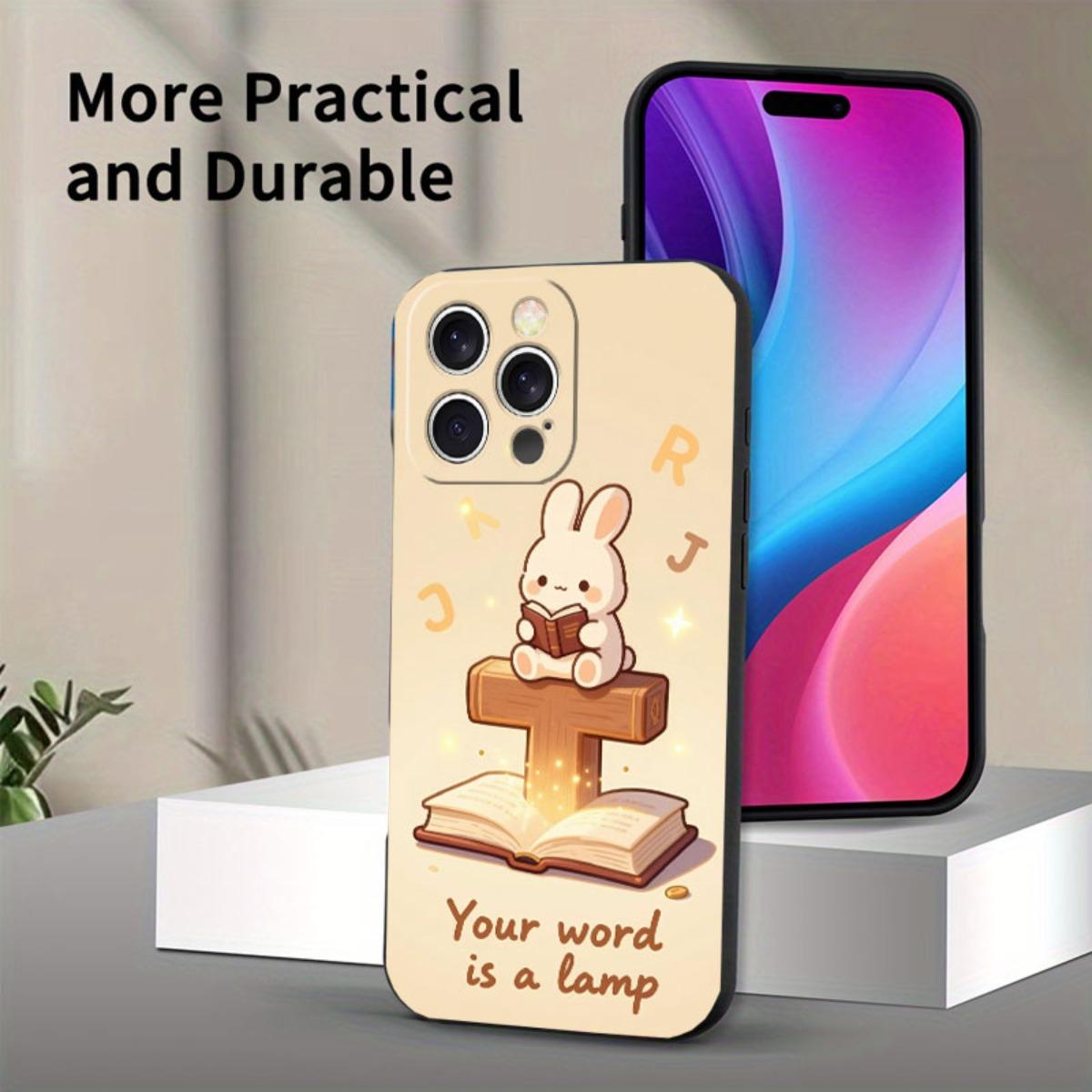Phone Case: Cute Rabbit Reading The Bible With Cross Design, Featuring A Luminous Effect And Floating Letters, A Faith-Inspired Christian Phone Case Design, Suitable For IPhone 17/17pro/16/X/XS/XR/11/12/13/14/15/16Plus/17ProMax, Printed Liquid-Like Phone